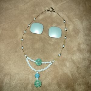 Vintage Beaded Necklace Earring Set Boho Wired Glass Beads Blue Green MCM